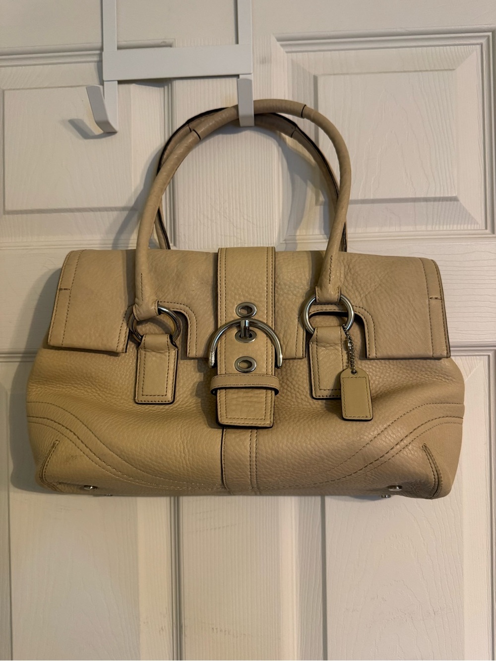 Coach Beige Leather Shoulder Bag with Silver Hardware